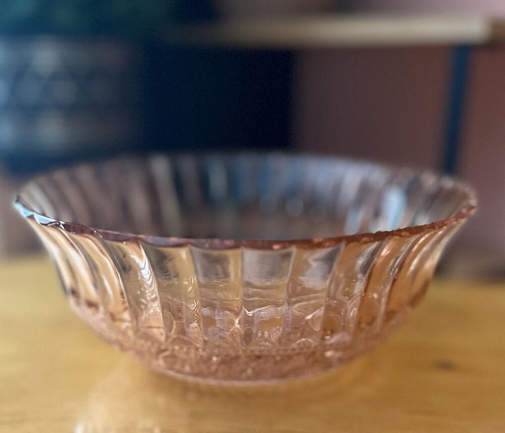 Vintage Pink Pressed Glass Serving Bowl KIG Indonesia Trellis Pattern